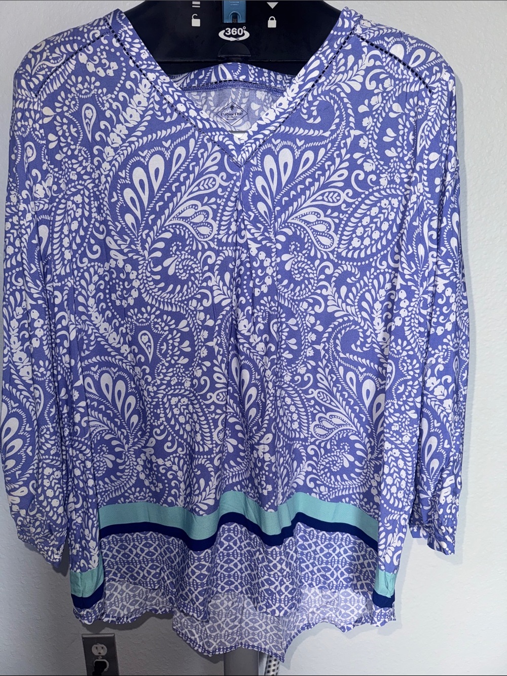 NWOT St. John's Bay Lavender and White Paisley Long Sleeve with Mint & Navy Trim